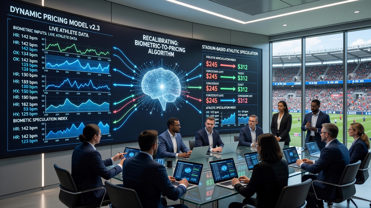 Dynamic pricing dashboard displaying biometric-adjusted odds during a live stadium event