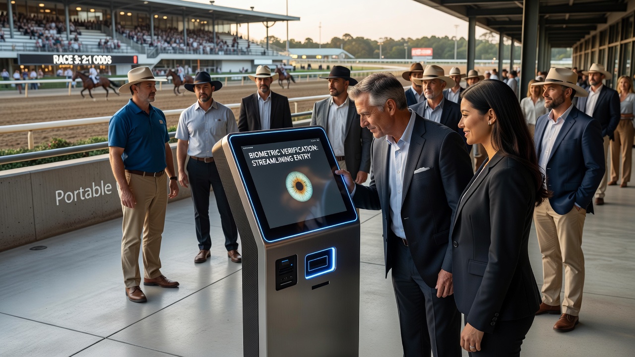 Racetrack entrance with mobile biometric scanning stations and crowds