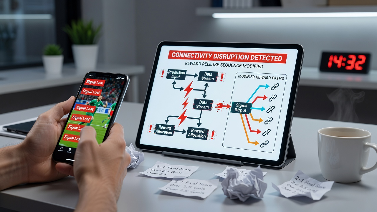 Close-up of a mobile screen showing queued reward notifications after a network reconnection in a soccer forecasting app