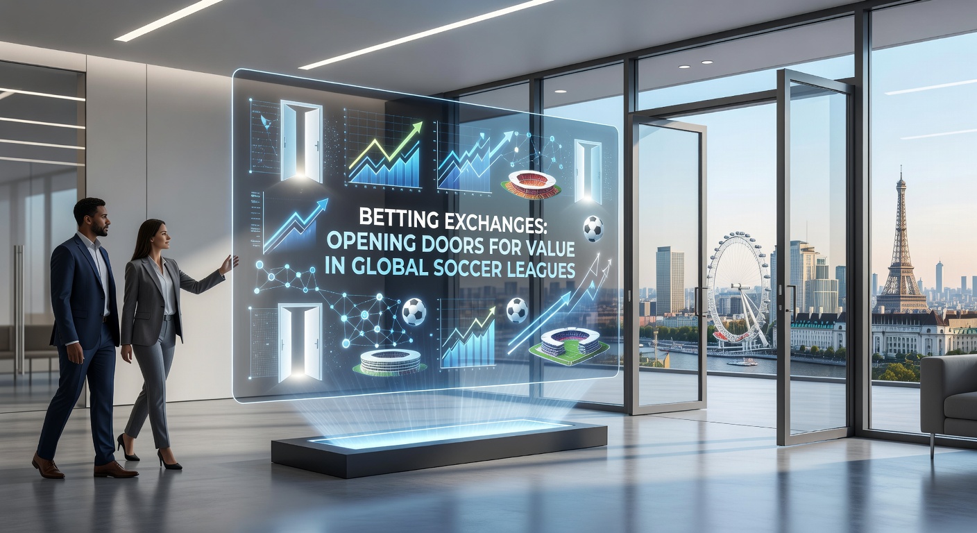 Global soccer stadium with overlaid betting exchange data streams during live match action