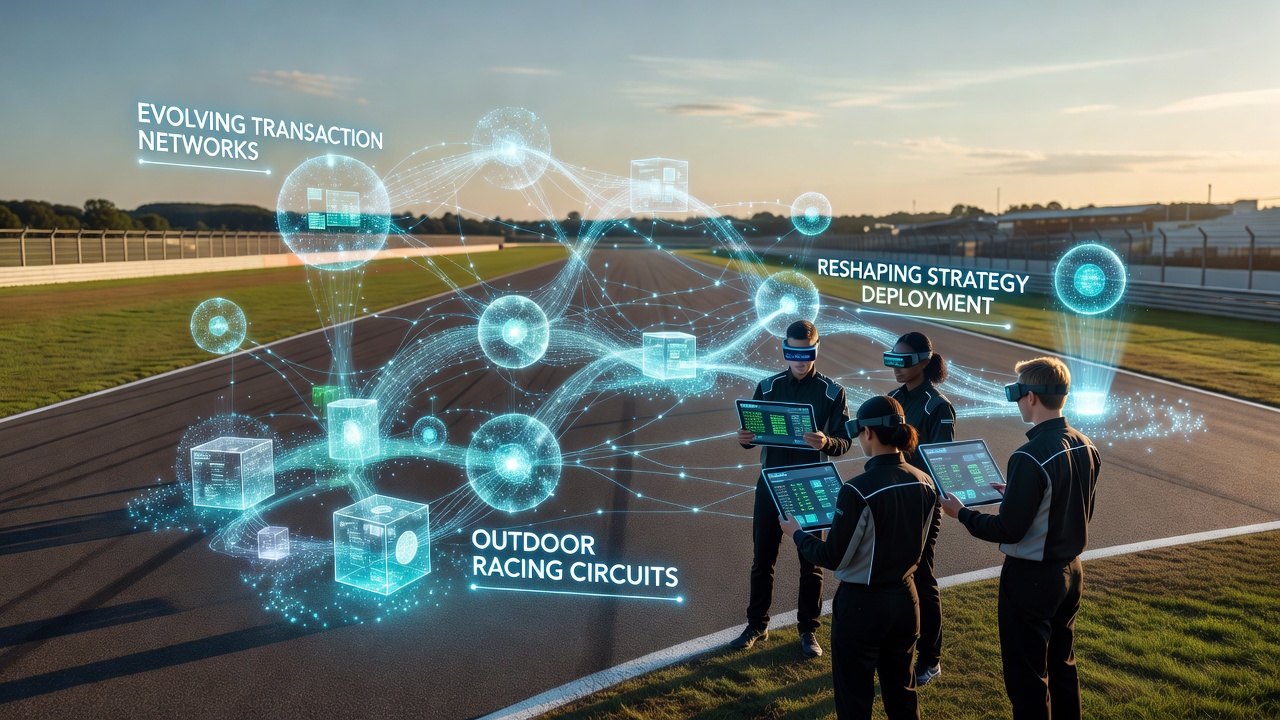 Digital transaction interfaces integrated into outdoor racing circuit operations showing real-time settlement dashboards
