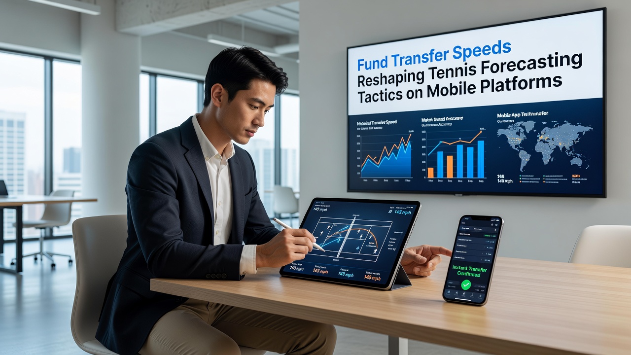 Tennis player in action with overlaid mobile betting analytics and transfer confirmation notifications
