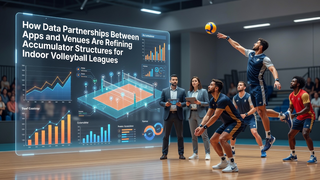 Indoor volleyball arena with data integration displays showing accumulator options for league matches