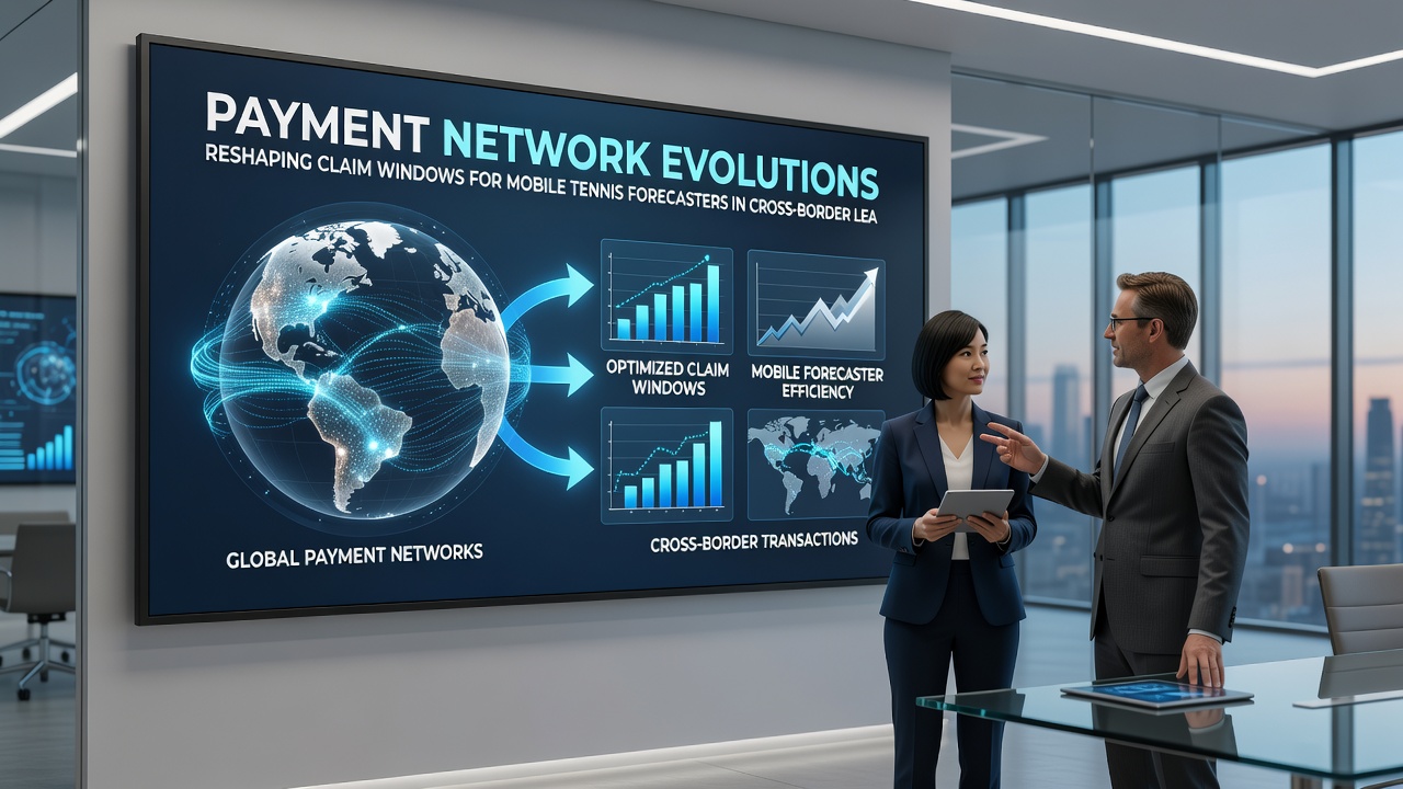Tennis court scene with overlaid mobile app graphics illustrating payment network flow for international forecasters