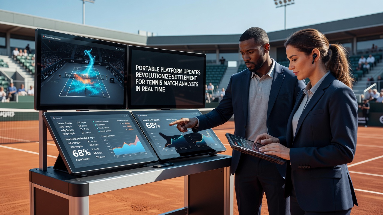 Tennis analyst reviewing real-time settlement notifications on a tablet during a match