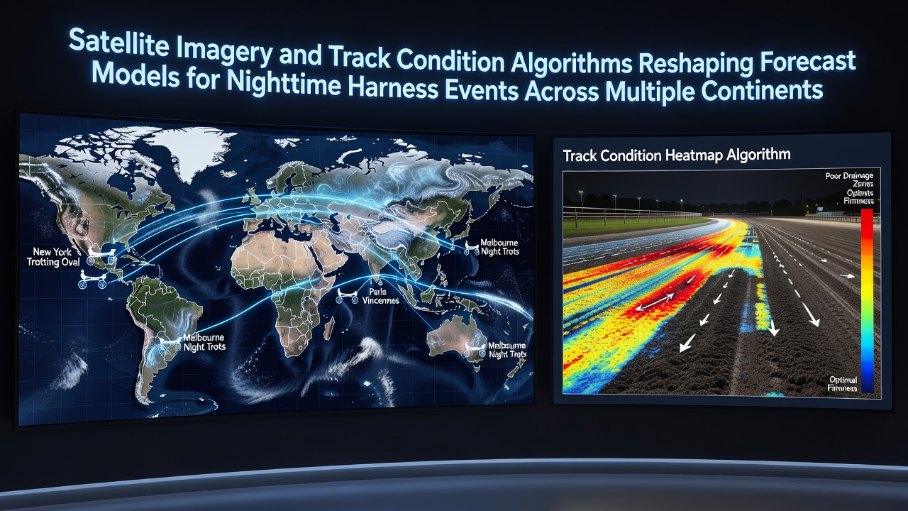 Satellite view of harness racing tracks at night across different continents showing track conditions and lighting patterns
