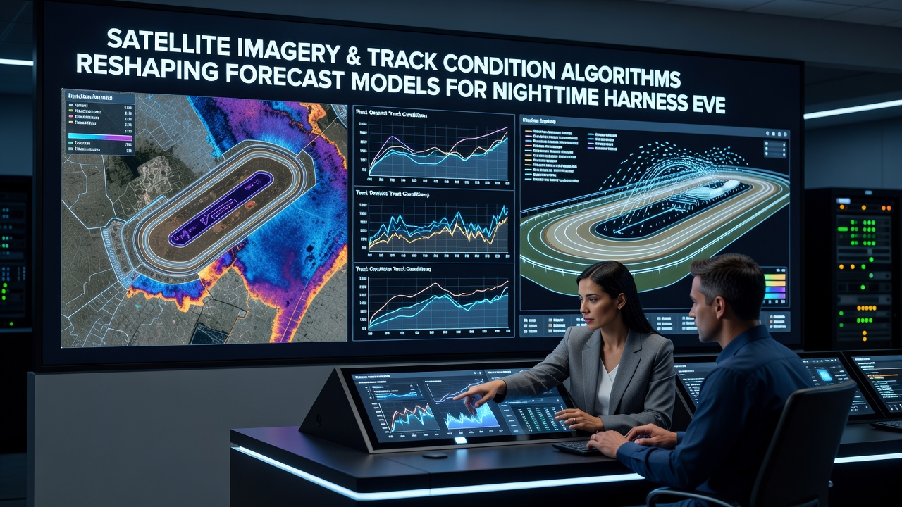 Algorithm interface displaying real-time track condition data overlaid on nighttime satellite imagery for harness racing venues