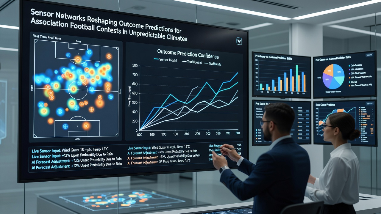 Data visualization dashboard displaying real-time sensor inputs from multiple football pitches under shifting climate conditions