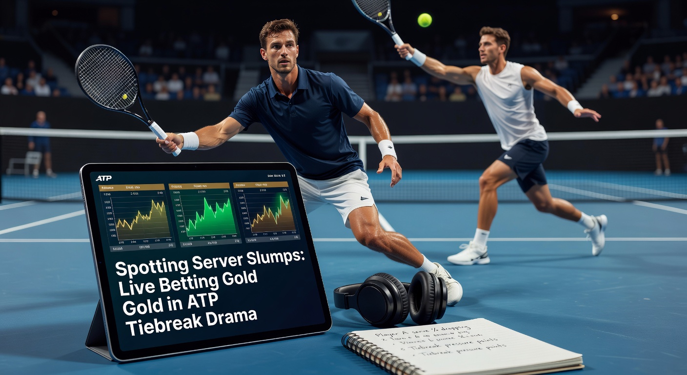 Tennis player grimacing during a tiebreak serve on clay court, highlighting server pressure