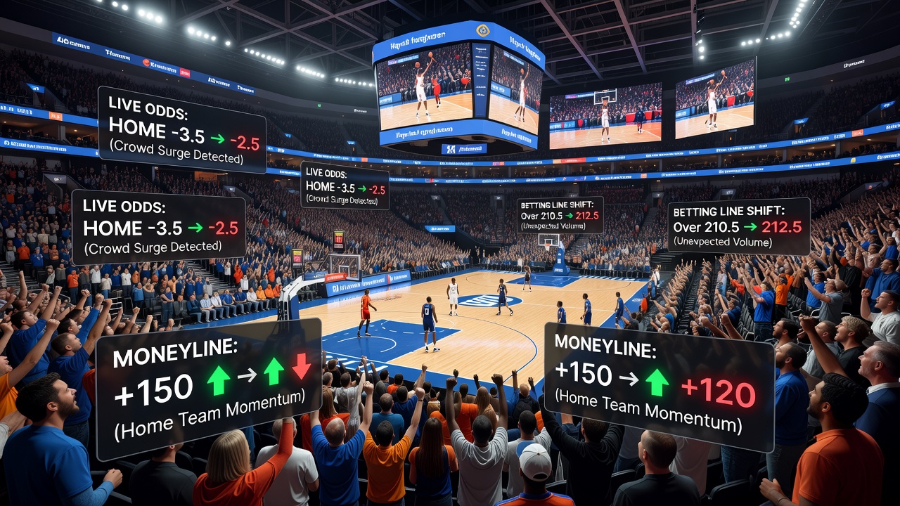 Close-up view of basketball players reacting to roaring crowd sections while live betting interfaces update in the background