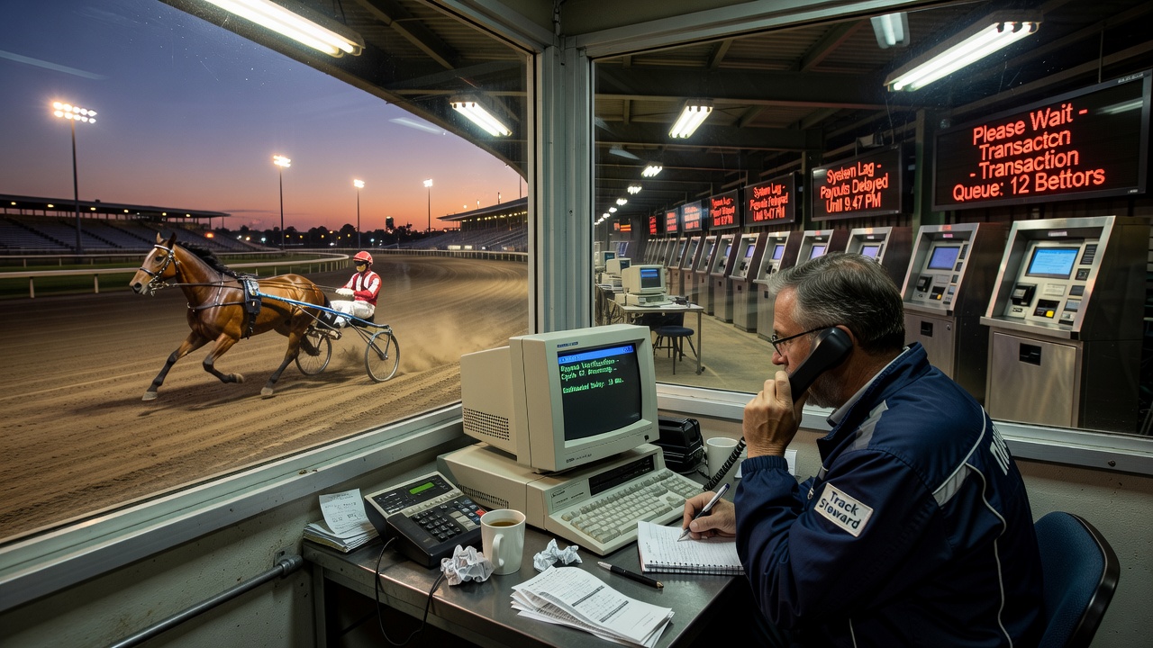 Evening harness racing track under lights with bettors checking mobile devices for results