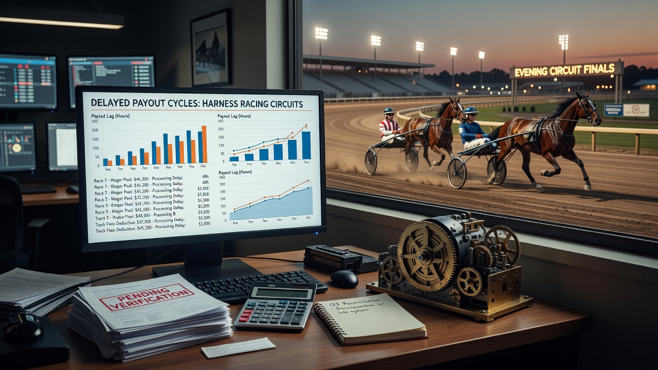 Close-up of tote system screens displaying harness racing results and pending payouts